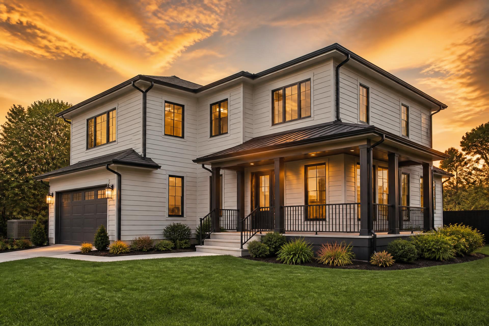 Modern American home at golden hour with premium seamless gutters